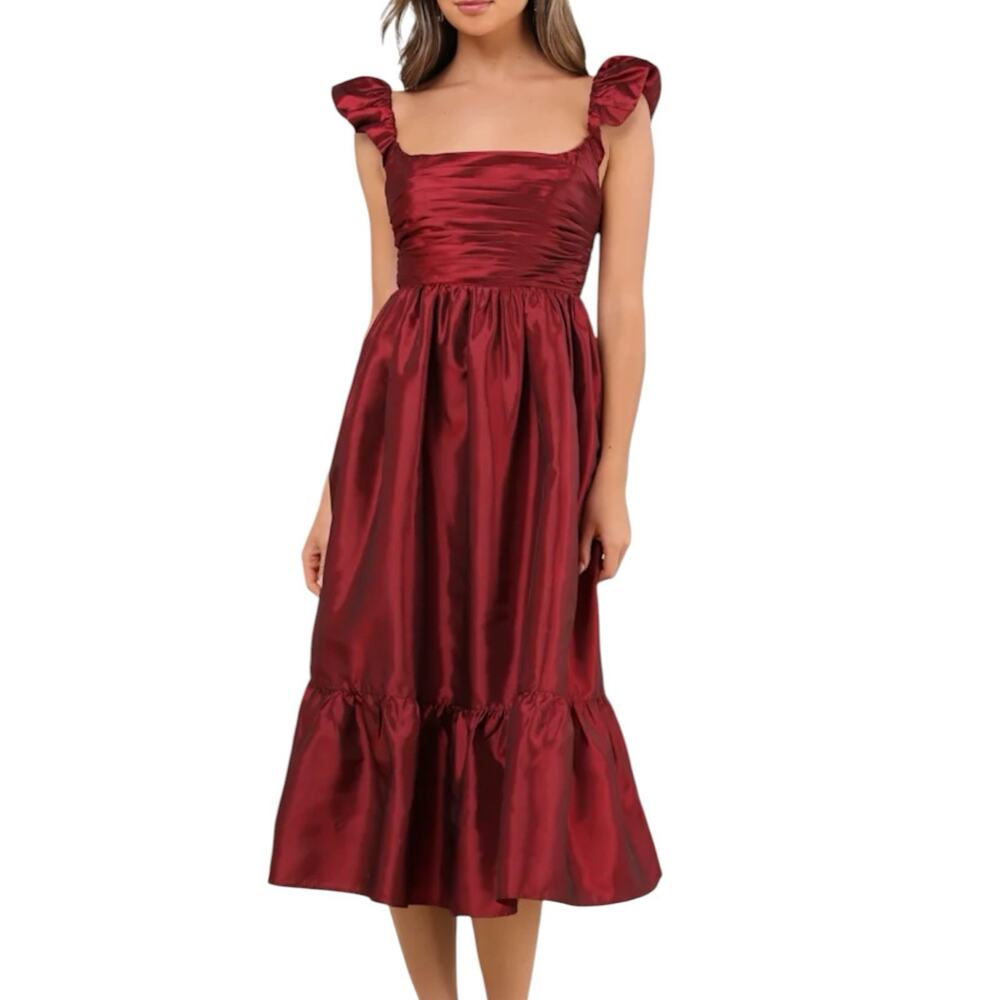 NWT Lulus Poised Passion Wine Red Taffeta Pleated Ruffled Midi Dress Size Small